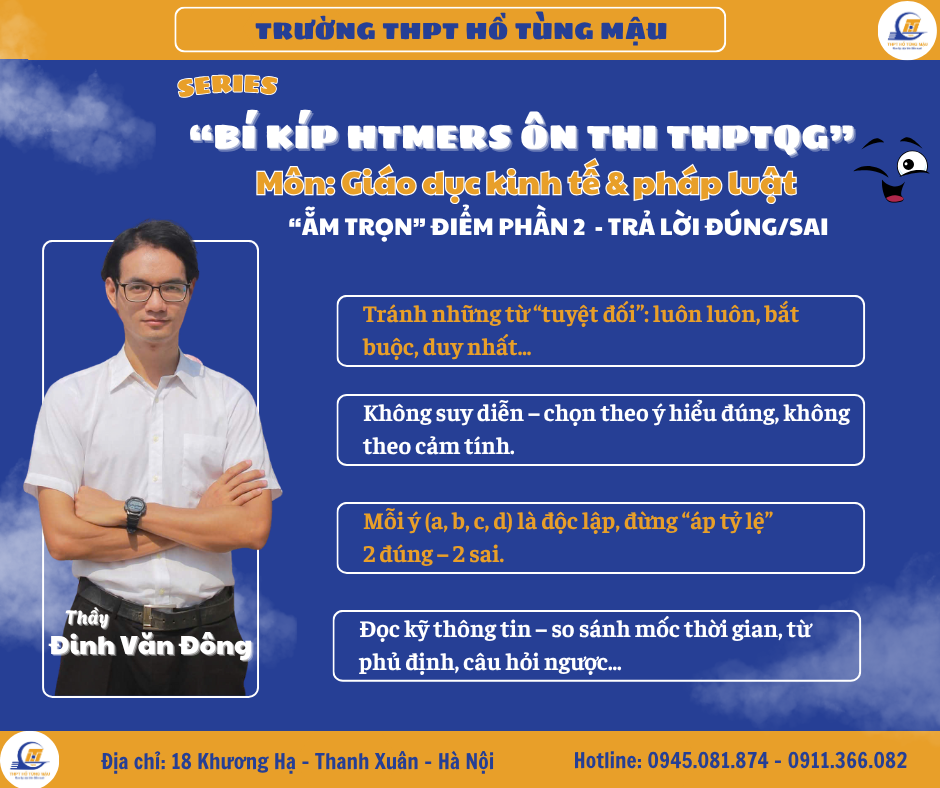 1. Những đáp án có chứa từ ngữ mang tính tuyệt đối thì tỷ lệ cao là Sai. Các từ ngữ đó là: Luôn luôn, thường, tất cả, chỉ có, duy nhất, toàn bộ, chỉ áp dụng, bắt buộc, một số…